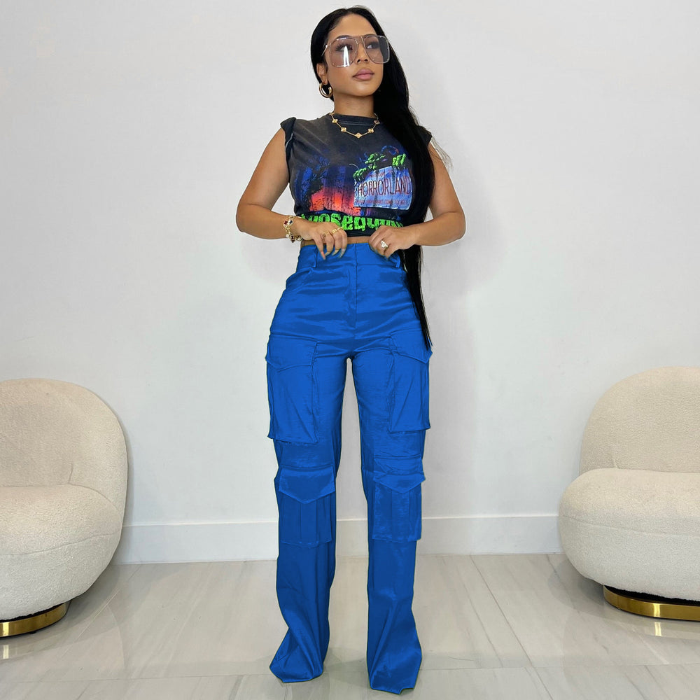 e-commerce source of goods fashionfashioncasual women's pure color multi-flap pocket pantsworkwearpants
