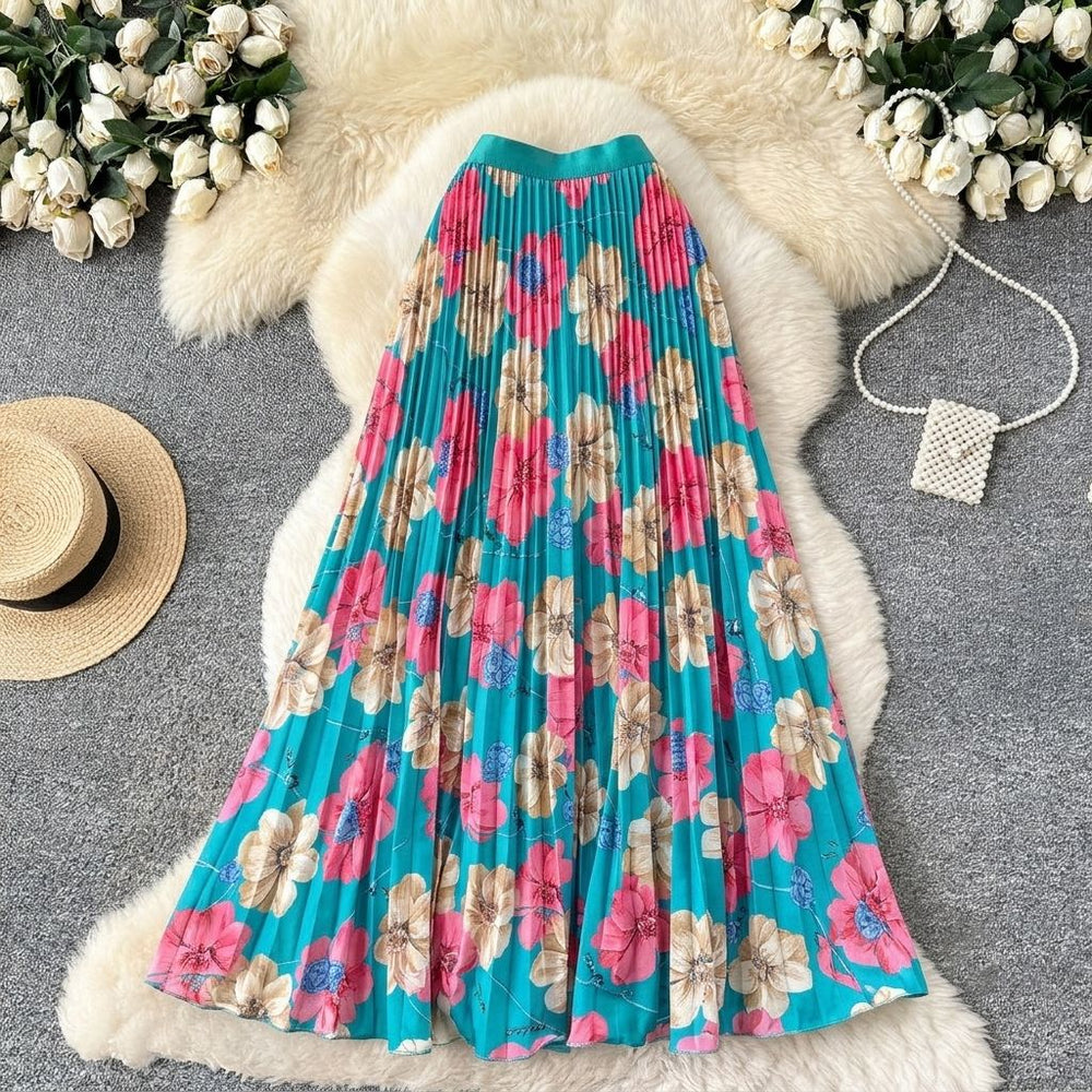 Vintage print pleated elastic waist fashion skirt - women's high-waisted a-line skirt - commute-friendly, flowy maxi skirt for summer