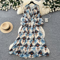 French romantic style printed dress - women's spring/autumn slimming a-line pleated flowy maxi dress - commute chic