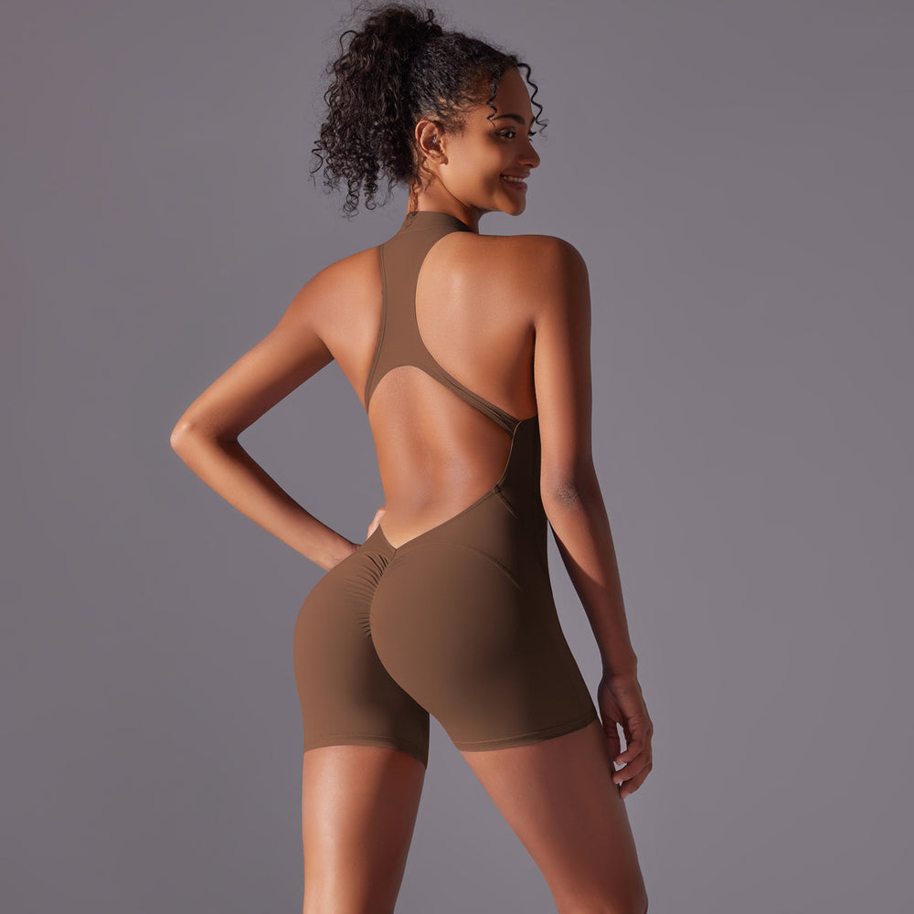 New arrival cross-border pure color high-strength nude tight sports beautiful back jumpsuit yoga wear tight running fitness wear