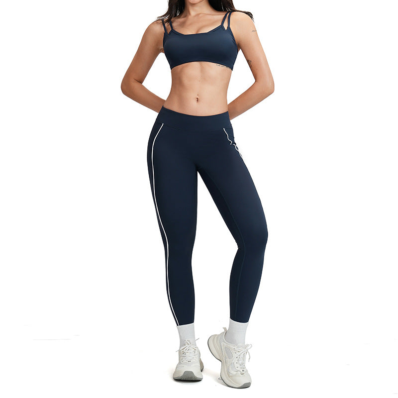 nude yoga clothes women's fitness clothes suit white contrast line stereo silm running fitness sportswear 5079