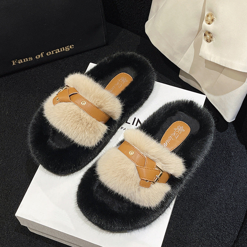 Fuzzy slippers women's premium outdoor wear 2024 new autumn/winter cotton slippers indoor home one-strap slides fluffy
