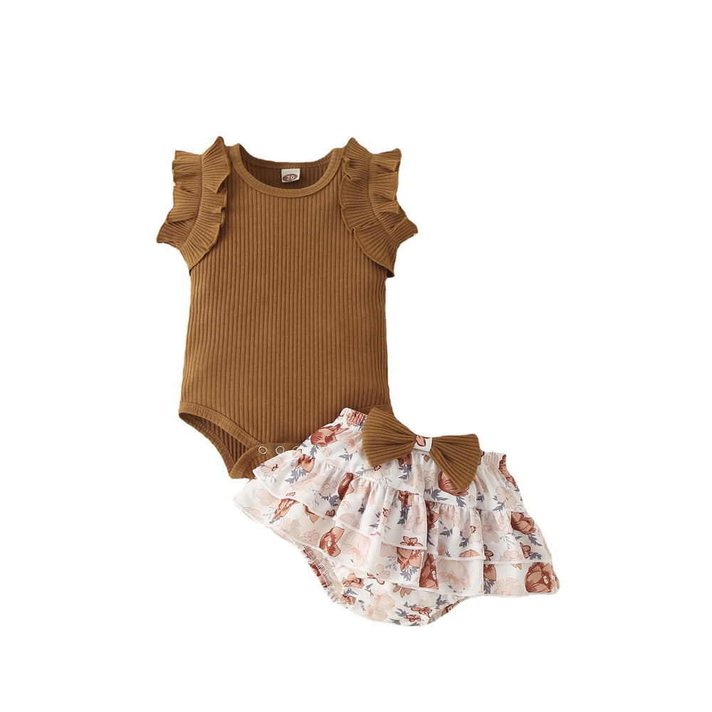 Children's summer kids khaki bag butt skirt girl vest cotton edge floral skirt bows infant short sleeve