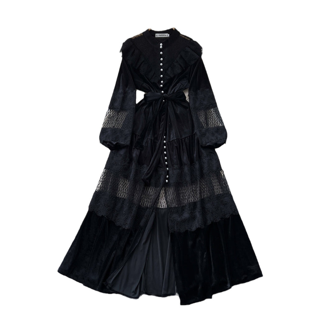Palace style dress women's frenchretrofashion stand collar pearl single breasted lacepatchwork velvet long skirt
