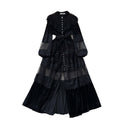 Palace style dress women's frenchretrofashion stand collar pearl single breasted lacepatchwork velvet long skirt