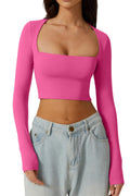 european and american autumn women's slim-fit cropped top: solid color square neck base layer, gentle long-sleeve square neck short top