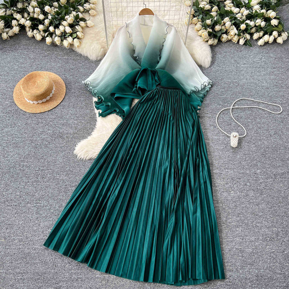 Fashion pleated suit women's strappy waist gradient color pressed pleated cardigantopshigh waistpleated skirttwo-piece set