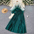 Fashion pleated suit women's strappy waist gradient color pressed pleated cardigantopshigh waistpleated skirttwo-piece set