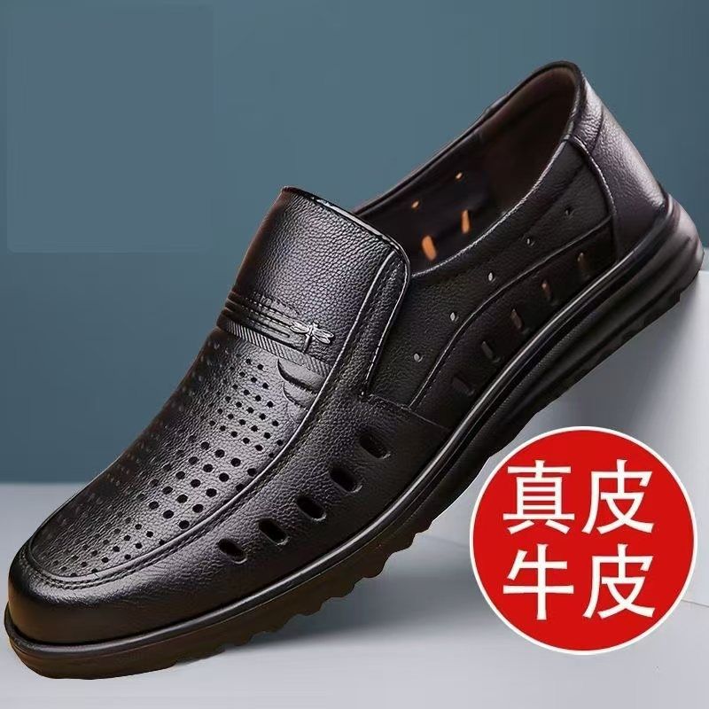 Summer cowhide leather sandals for men - casual, genuine leather, soft sole, perforated, breathable, non-slip, hollow-out design - perfect for middle-aged and elderly dads