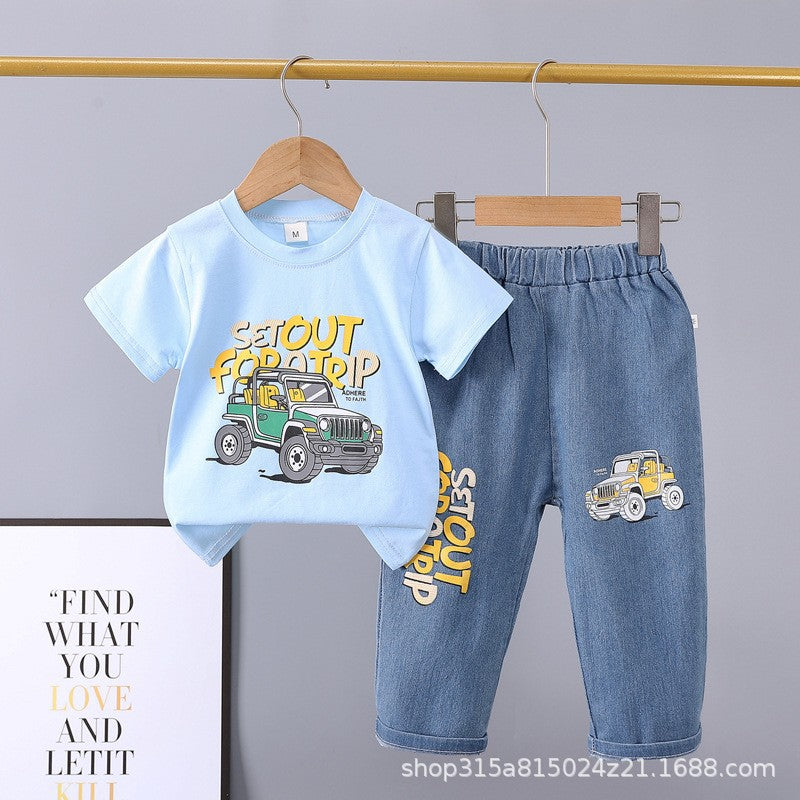 Summer  new arrivals: 0-5 year old kids' cartoon car & animal print crewneck short sleeve & denim pants two-piece cotton set