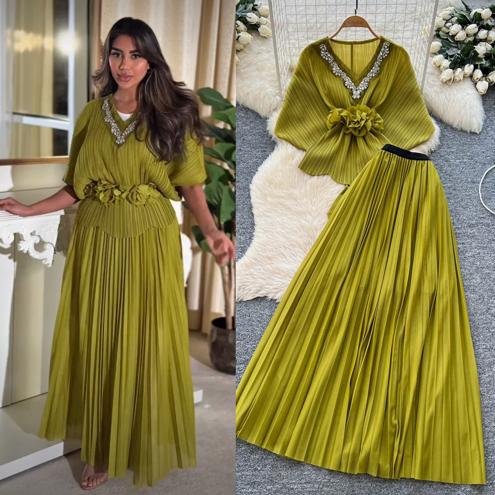 Noble socialite work clothing style red two-piece set female autum silmpleated skirt cloak waist suitelegance