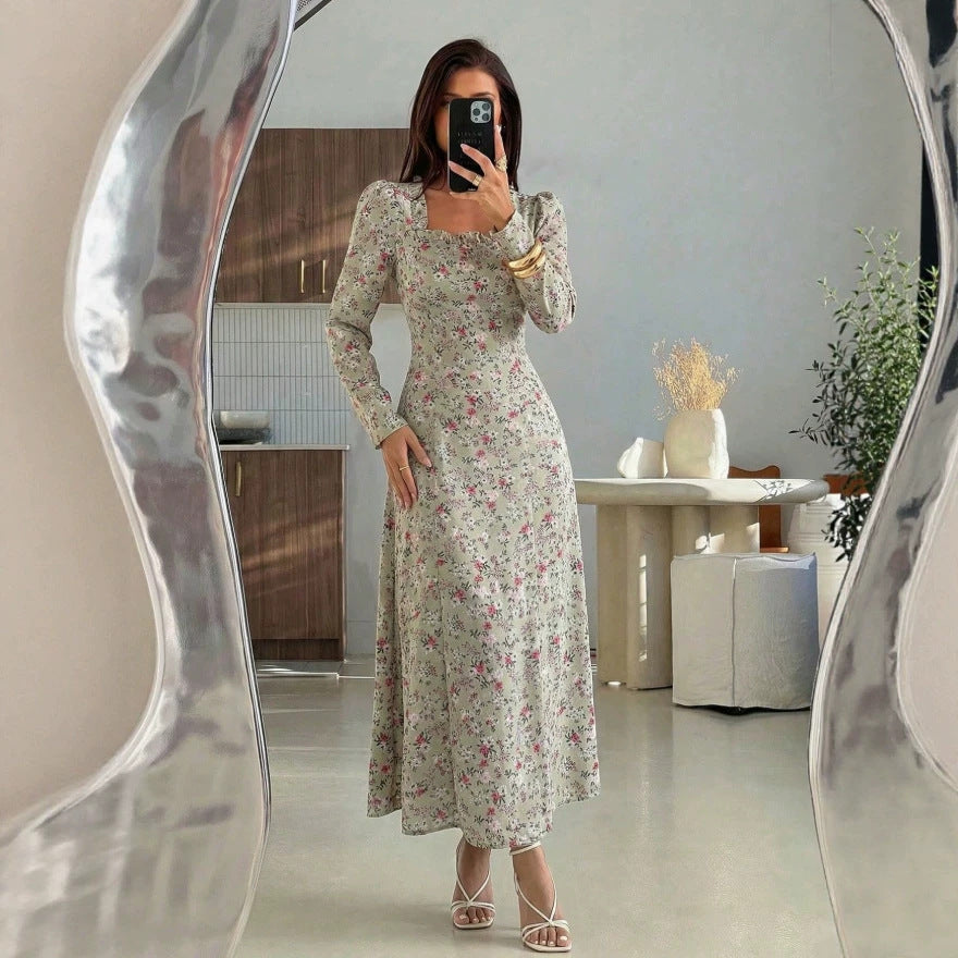 Plus size long french retro floral dress - spring/autumn  - slimming, figure-flattering, fishtail maxi dress with cinched waist
