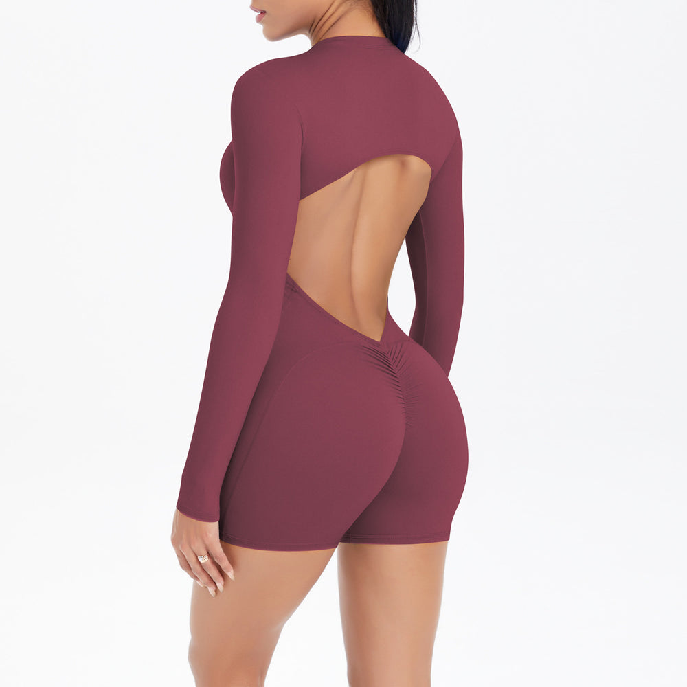 Fashioncut out beautiful back half open zipper jumpsuit peach butt lift sports fitness nude quick dry jumpsuit yoga clothes