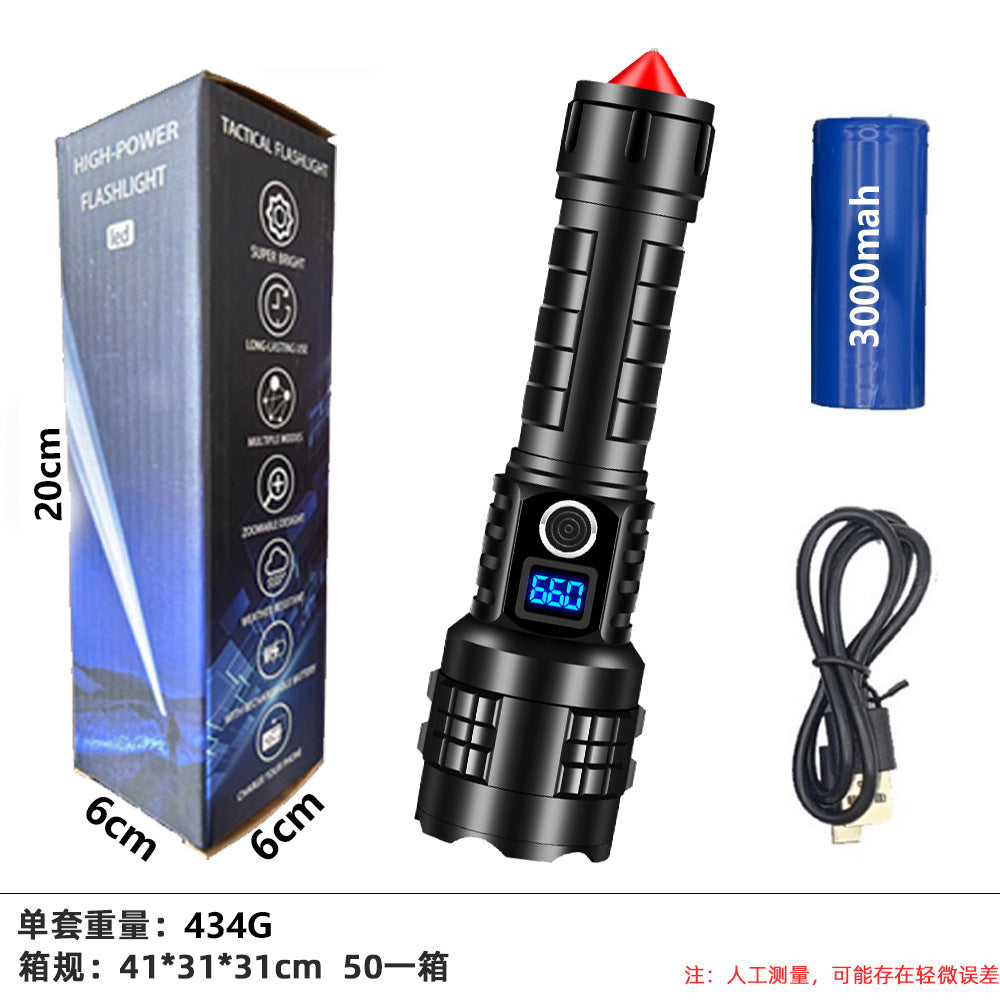 Cross-border strong light P90led rechargeable flashlight electric display household outdoor super bright long-range portable multi-function flashlight