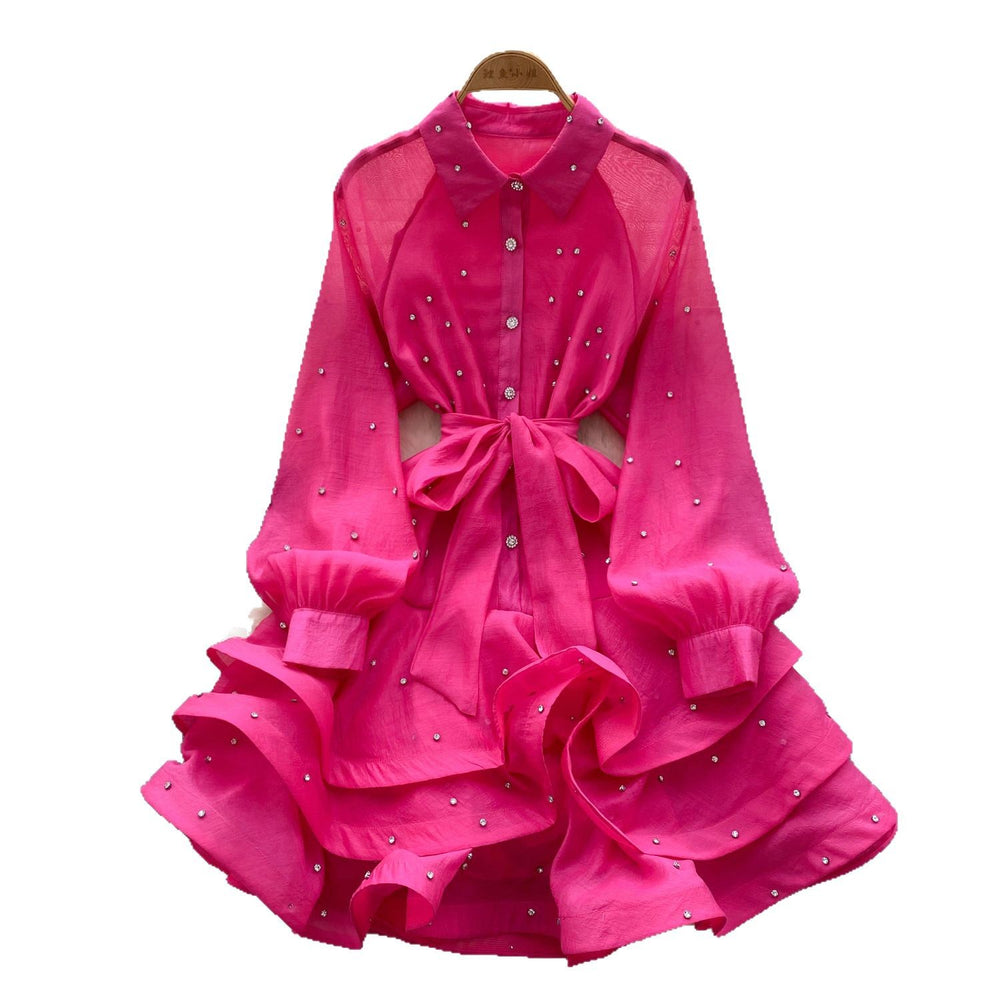 Frenchclassy heavy industry diamond-encrusted rufflesdress women's spring dress with straps and waist elegant lace fluffy dress