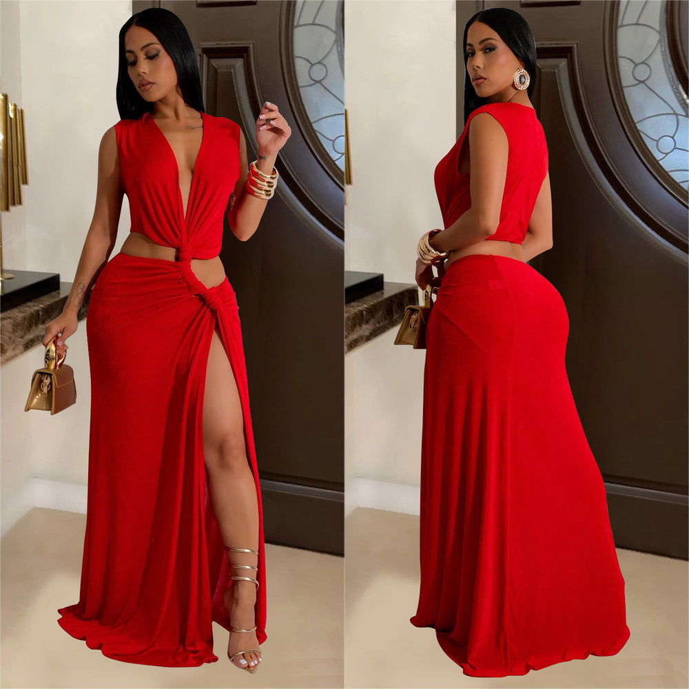 C7062 cross-border   independent station fashionable women's sleeveless deep v slit dress new style