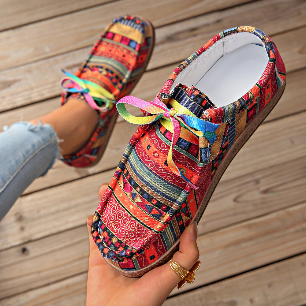 export plus size ethnic style casual flats women's colorful lace-up graffiti low-top canvas shoes wood grain thick sole shoes