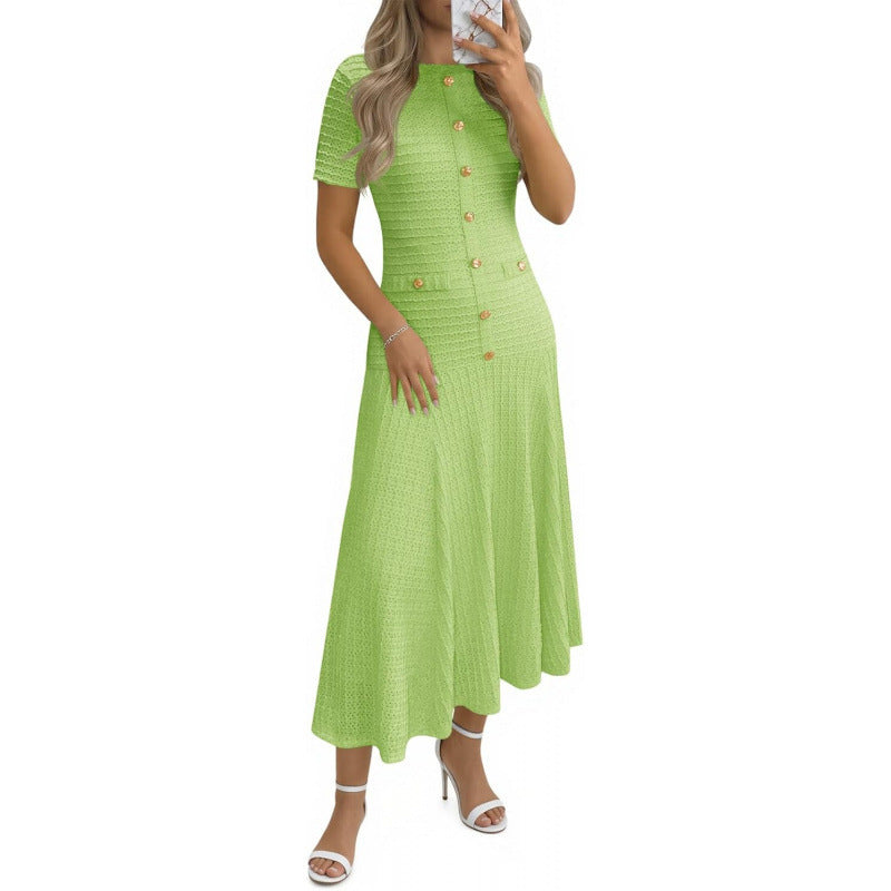 Amazon sweet & spicy  summer casual short-sleeve crew neck versatile button-up textured slim-fit midi dress