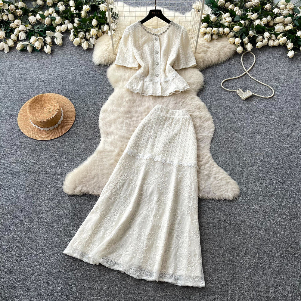 French romantic lace embroidery sequin two-piece set - women's summer commute slim-fit high-end elegant outfit