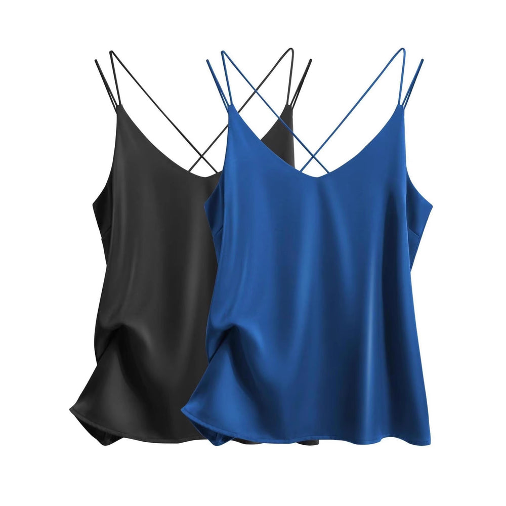 2 pack women's satin camisole v neck cross back sleeves