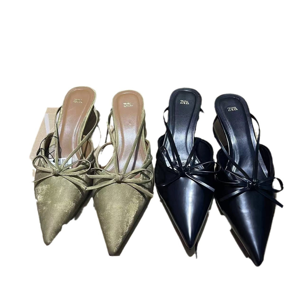 Za2024autumnew arrivalbows pointed toe high heels women's cat heel mules shoes not tired feet elegant toe cap sandals