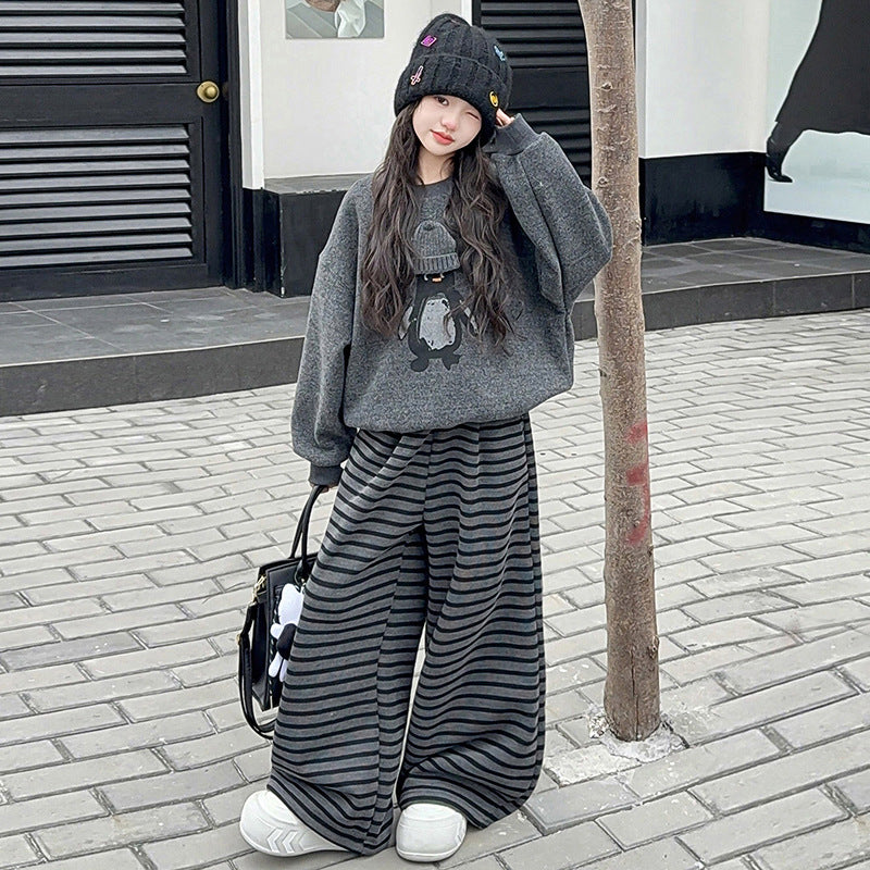 Girls' spring/autumn sweatshirt set -  spring new arrival - loose fit two-piece set for older girls - student striped wide-leg pants