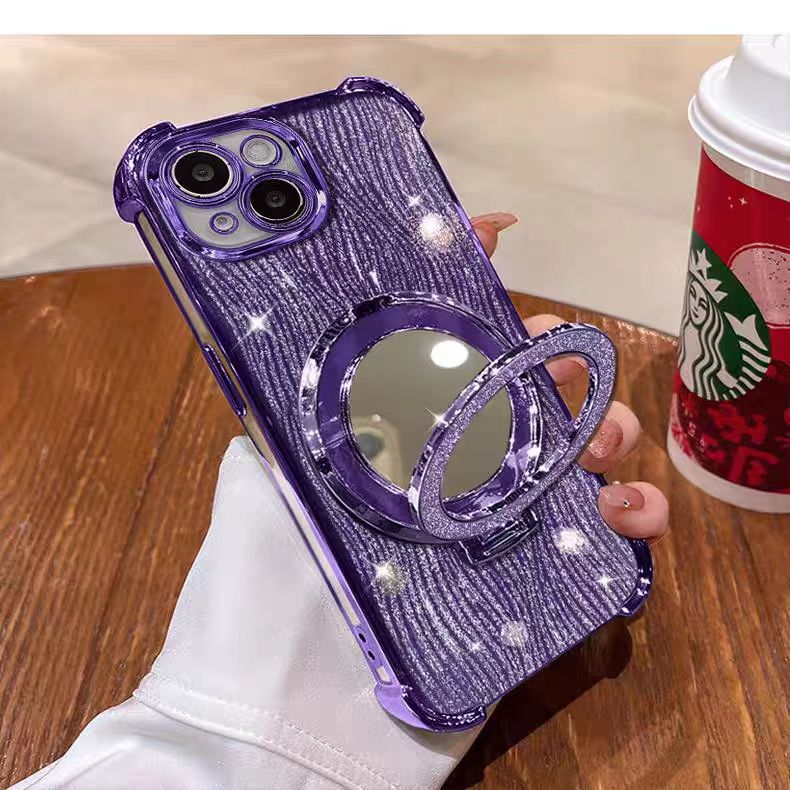 Suitable for apple 17pro mobile phone case, four-corner water ripple glitter mirror magnetic holder iphone16 protective cover