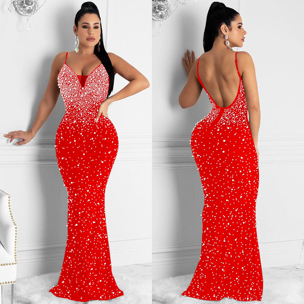 C5852   fashion women's hotfix rhinestone nightclub sexy sleeveless maxi dress