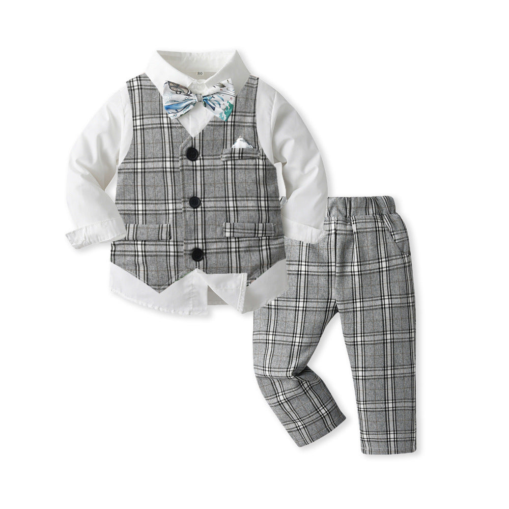 New arrival: factory direct british style boys' plaid vest, shirt, and trousers set - perfect for first birthday celebrations and formal occasions
