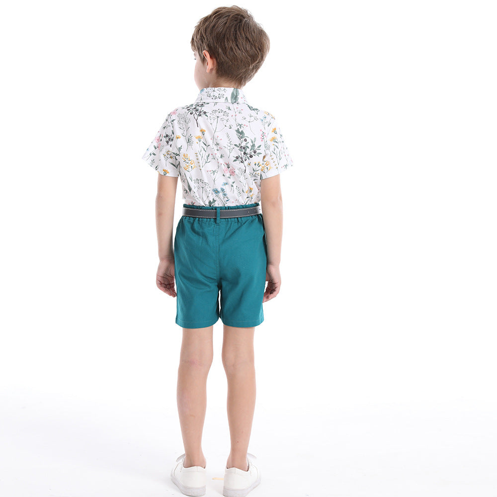 Boys' summer formal outfit set: printed short-sleeve shirt, perfect for little hosts, kindergarten performances, and special occasions