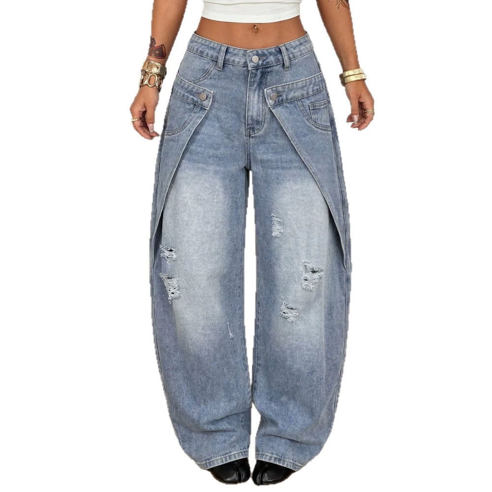 Fashionjeans women's sense of design deconstructed ripped loose pants high street hot girl washed high waistmopjeans