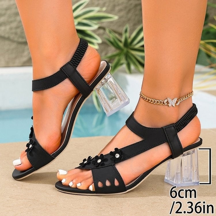 Wholesale plus size women's summer high heel sandals for export - floral embellished crystal heel elastic band fashion sandals