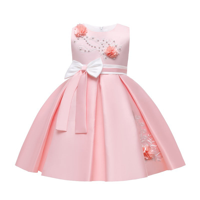 Export children's wear kids' formal dress princess dress girls' color block bow embroidered vest piano performance dress