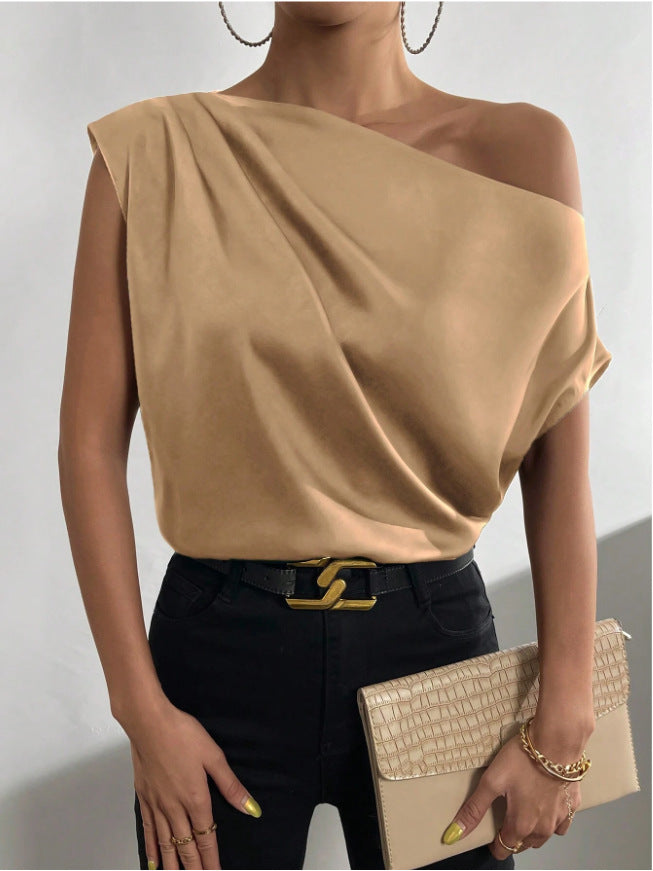 spring solid color satin faux silk asymmetrical one-shoulder off-the-shoulder sleeveless pullover blouse - european & american style women's clothing