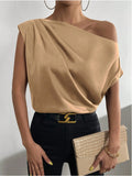 spring solid color satin faux silk asymmetrical one-shoulder off-the-shoulder sleeveless pullover blouse - european & american style women's clothing