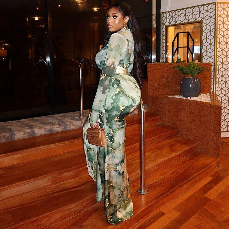 Fashion style cross-border printed waist wrap silm skirt suit pleated long skirt high collar trendy two-piece set casualwork clothing women's clothing