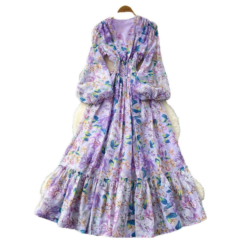 French retro v-neck lantern sleeve printed dress - women's  autumn collection - cinched waist, elegant ruffle hem maxi dress