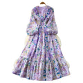 French retro v-neck lantern sleeve printed dress - women's  autumn collection - cinched waist, elegant ruffle hem maxi dress