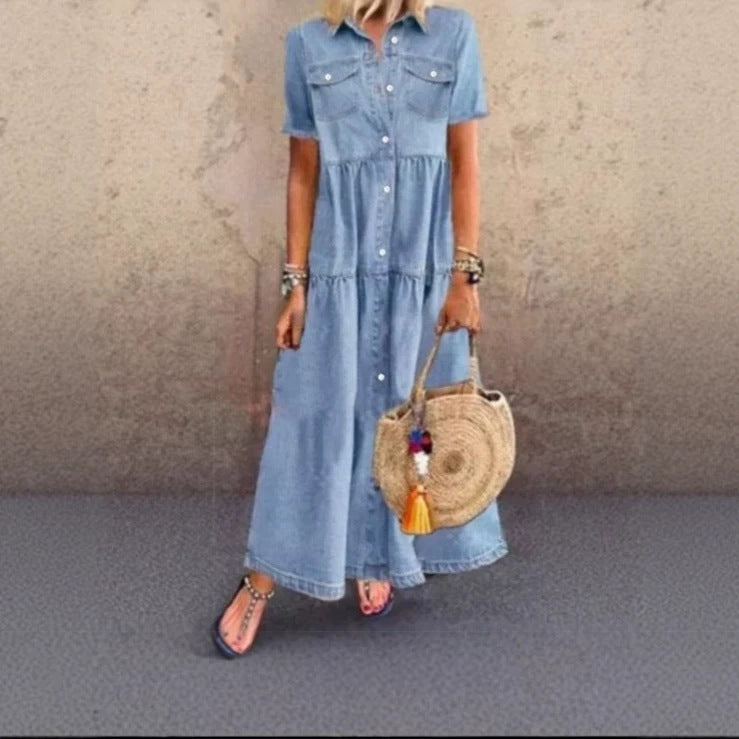 fashionindependent stationexportfashiontrendysummer short-sleeved casual style lapel distressed denim dress