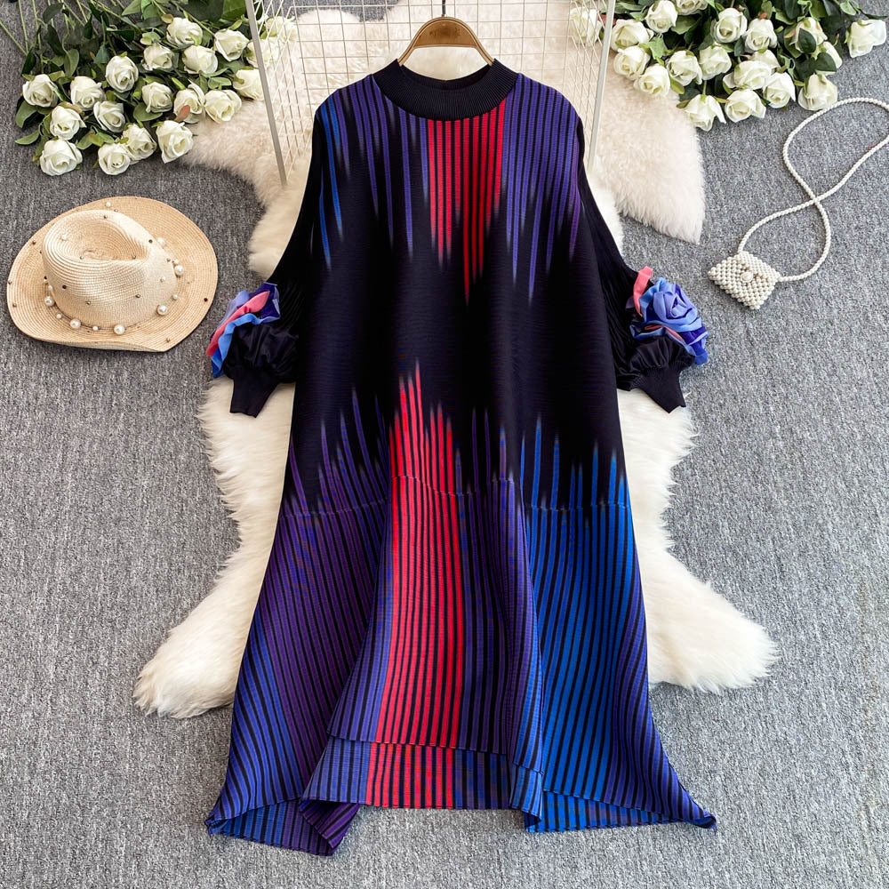 Miura pleated colorfuldress female round neck lantern sleeve looseelegance vertical stripes belly-covering slimming look over-the-knee skirt