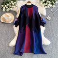Miura pleated colorfuldress female round neck lantern sleeve looseelegance vertical stripes belly-covering slimming look over-the-knee skirt