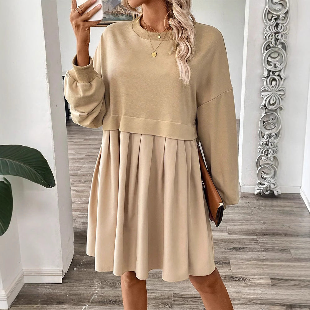 fashion  fall and winter women's pure colorlong sleevespatchworksweatshirtdresselegantwork clothing