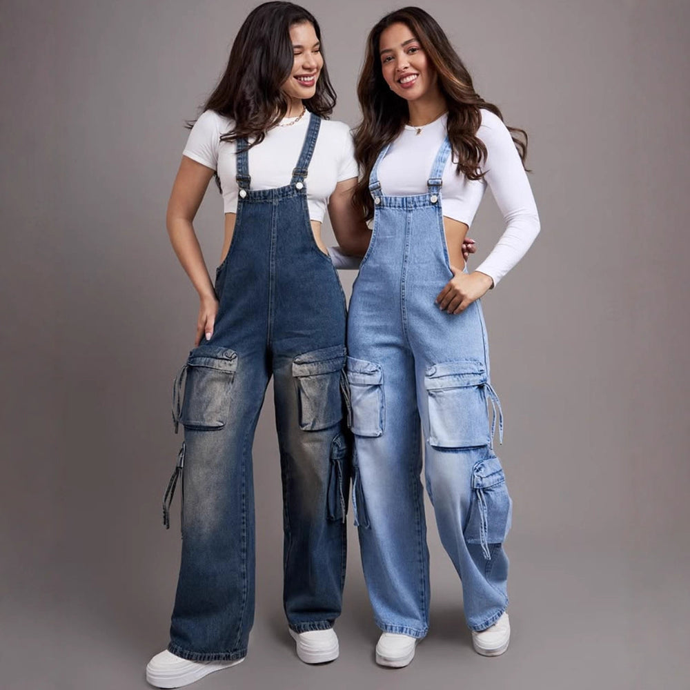 European and american style women's casual straight-leg denim overalls -  cross-border women's streetwear multi-pocket denim jumpsuit
