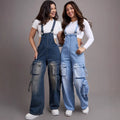 European and american style women's casual straight-leg denim overalls -  cross-border women's streetwear multi-pocket denim jumpsuit