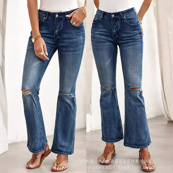 LC7871507 European and American  European and American blue ripped casual denim flared pants