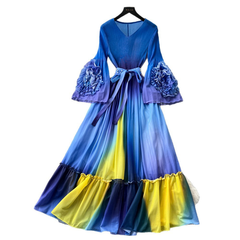 Vacation-style purple floral print dress for women, spring long-sleeved high-waisted a-line dress with a cinched waist and ruffle hem maxi skirt