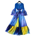 Vacation-style purple floral print dress for women, spring long-sleeved high-waisted a-line dress with a cinched waist and ruffle hem maxi skirt
