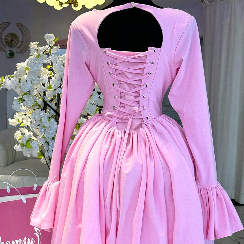 European and american women's clothing  summer new arrival: elegant round neck long sleeve tie-waist high waist a-line dress