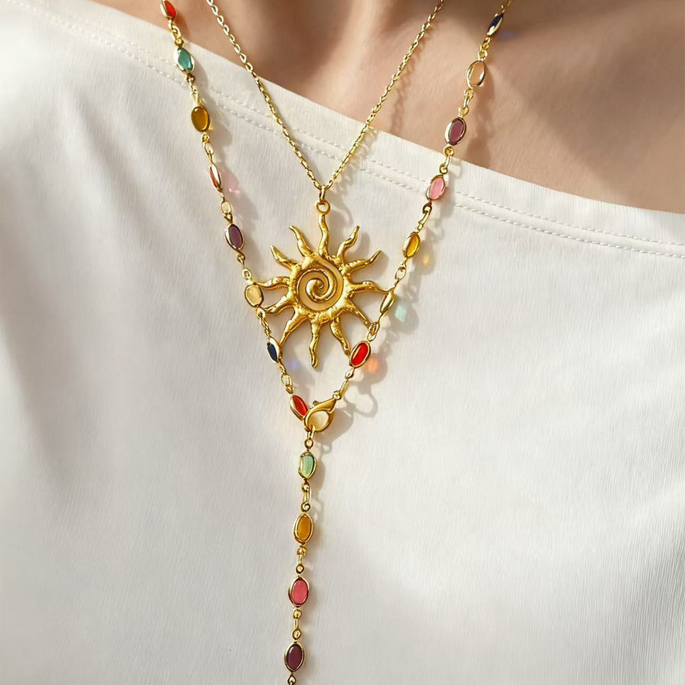 European and american cross-border sun pendant necklace, accessible luxury, high-end tassel eyes, long chain, colorful cold style clavicle chain