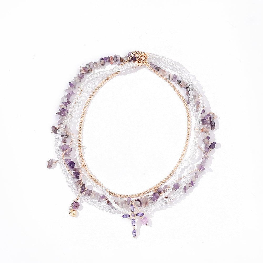 European and american cross tassel beaded necklace - women's mystical, niche, high-end purple crushed stone wrap choker